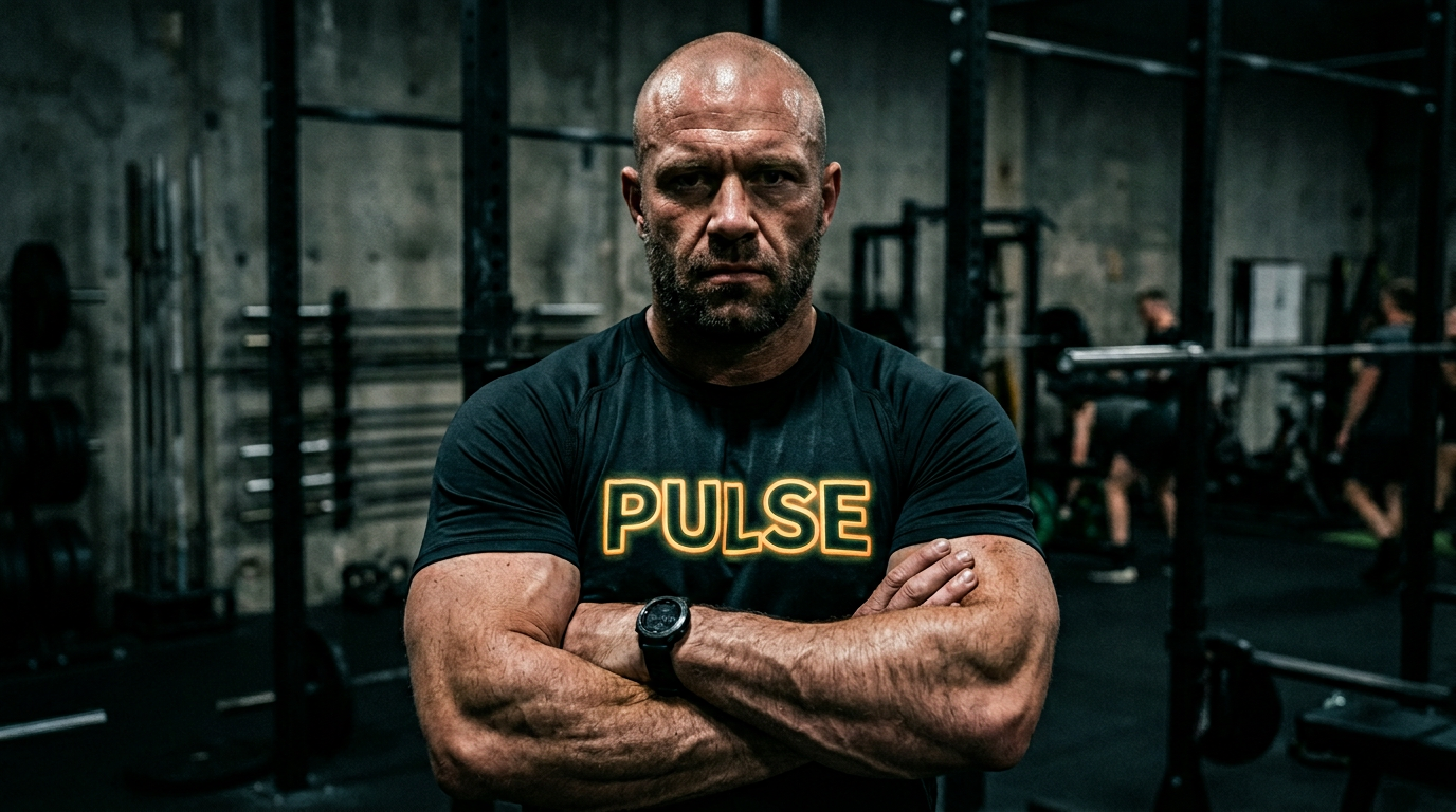 Riley Santos, male strength coach, PULSE print on shirt fabric