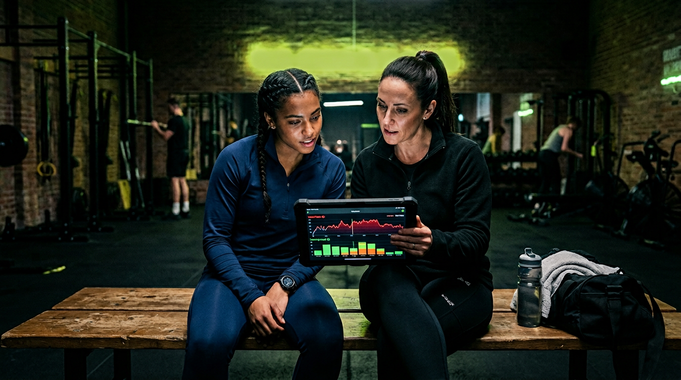 Coach and athlete reviewing load and heart-rate charts together on a tablet