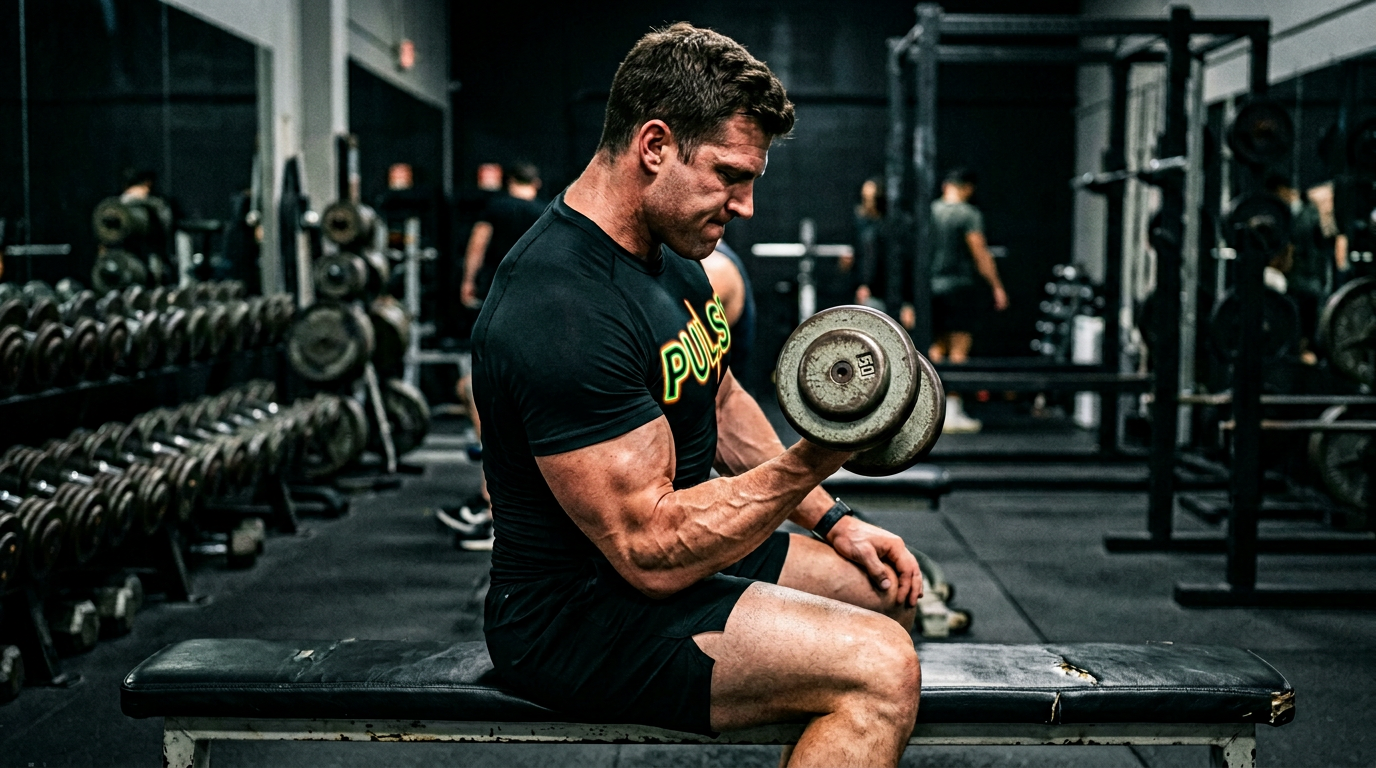 Male athlete curling dumbbells, PULSE print on shirt fabric, dark gym