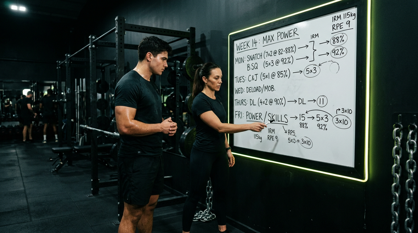 Coach and athlete reviewing a handwritten training week on a whiteboard in a dark gym
