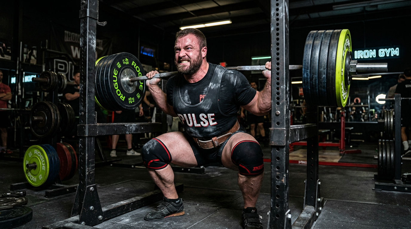Male powerlifter at rack, PULSE print on singlet fabric, dramatic gym lighting