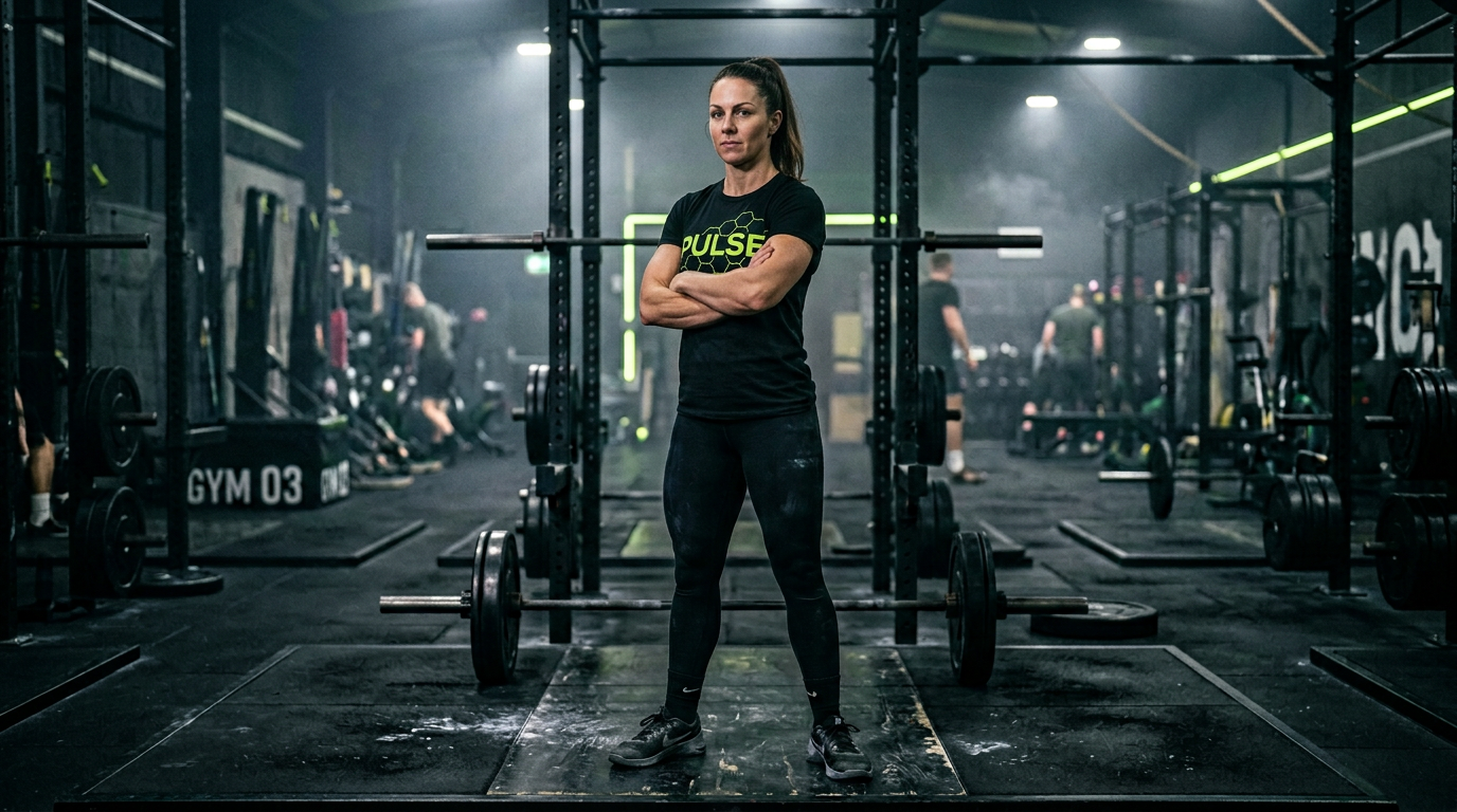 Female strength coach, PULSE chest print on training top, dark gym