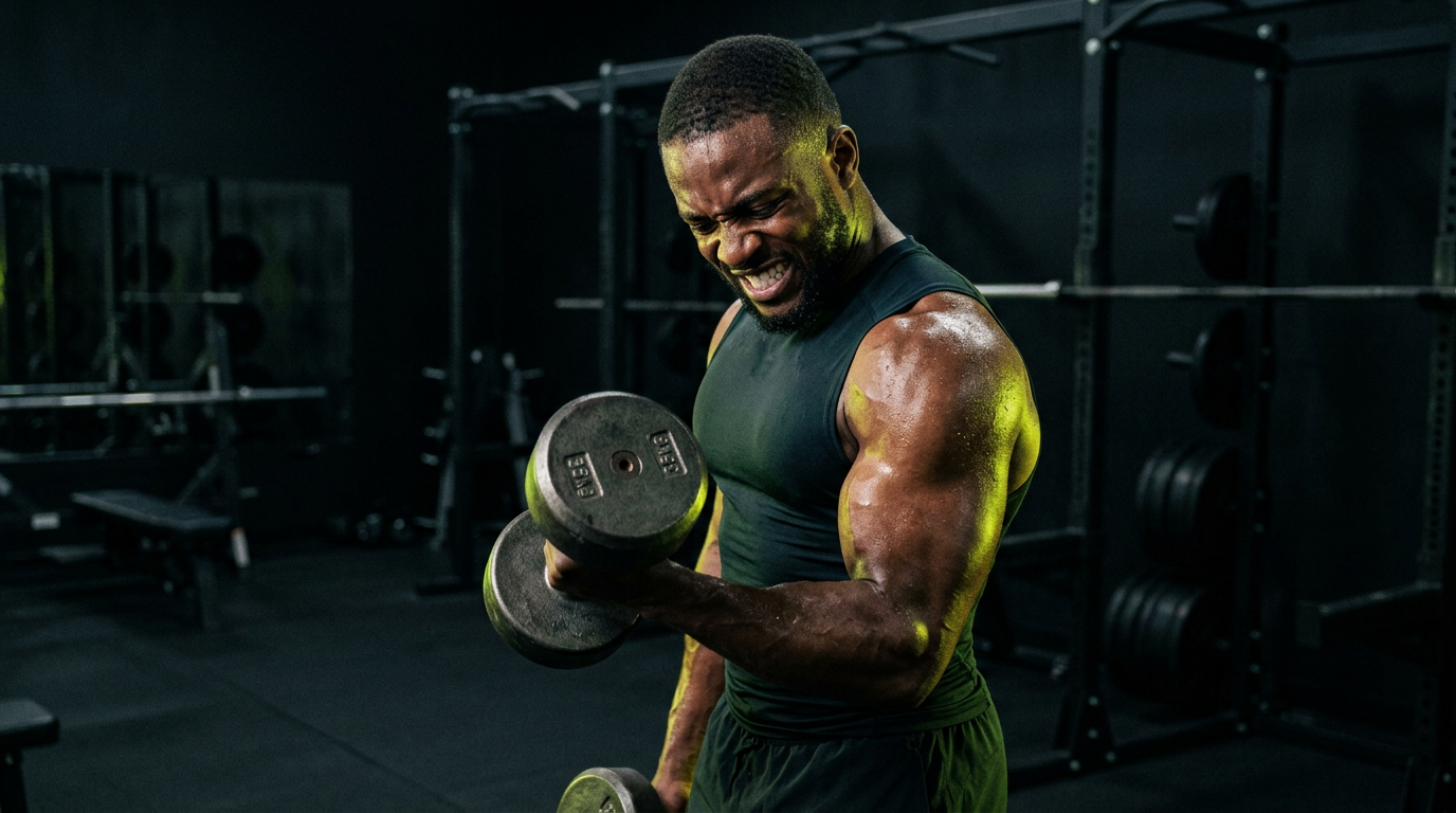 Athlete training with dumbbells in a dark gym with neon lime accents
