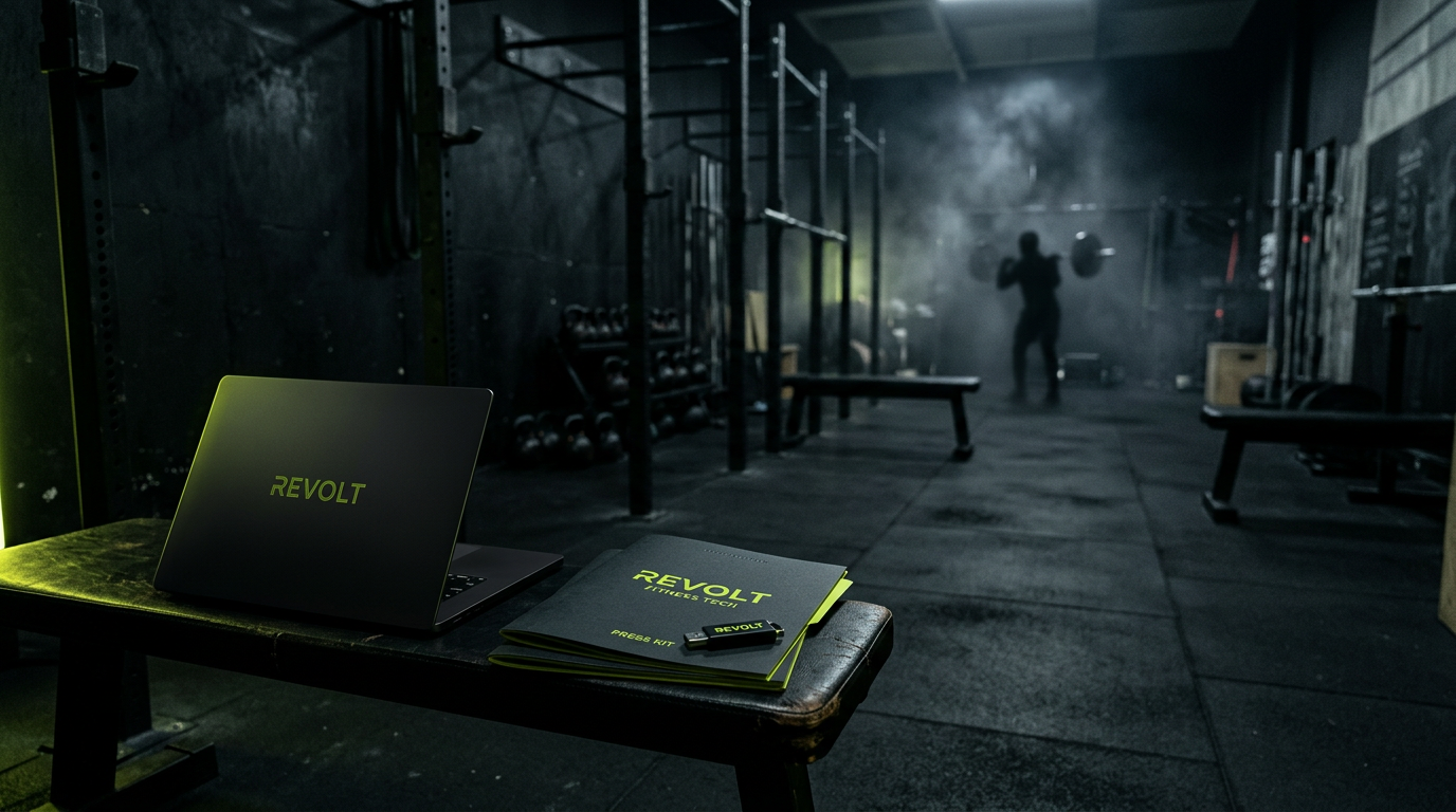 Dark gym newsroom scene: laptop and press materials on a bench, lime accent light, training space in soft focus.