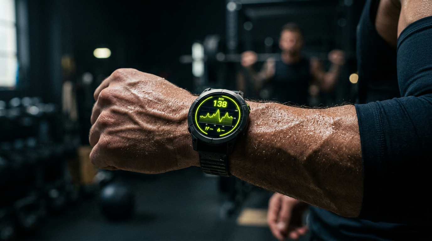 Smartwatch on wrist showing heart rate in a dark gym with neon lime accents