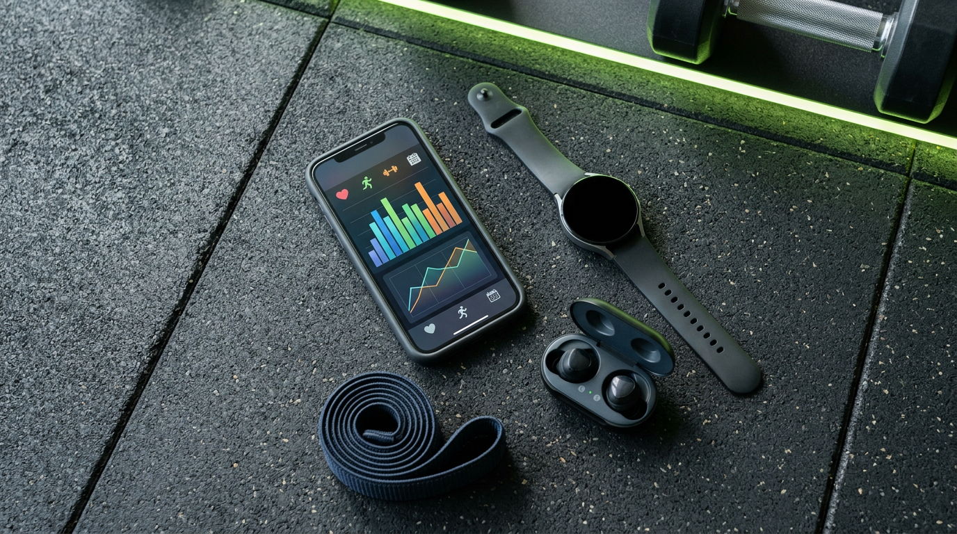 Smartphone, watch, and training accessories flat lay on dark gym floor