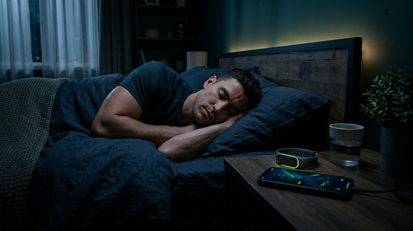 Recovery and sleep environment with wearable on nightstand, dim moody lighting